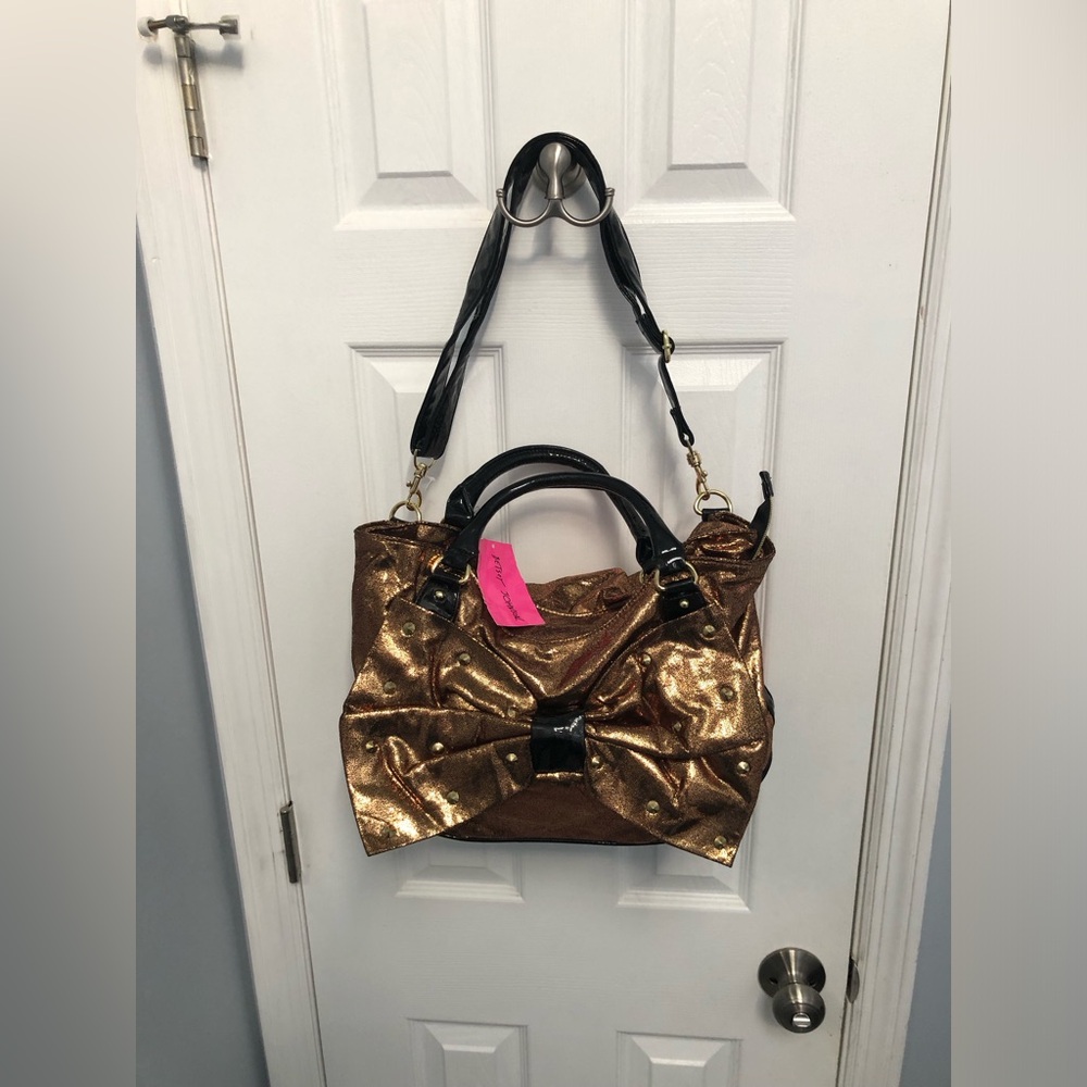 Betsey Johnson Bow Metallic Studded Satchel Top Handle Zip Crossbody Bronze